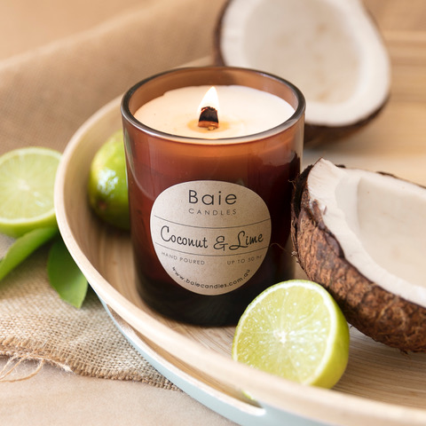 The wood wick crackles and the Amber glass glows beautifully with the delicious tropical scent of coconut and lime.